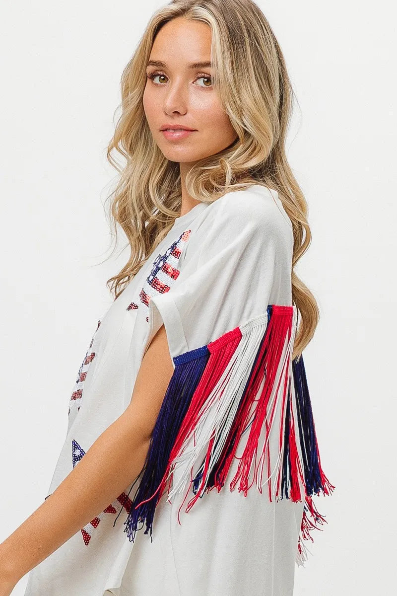 American Flag Sequin Star Fringe Top - Tigbul's Variety Fashion Shop