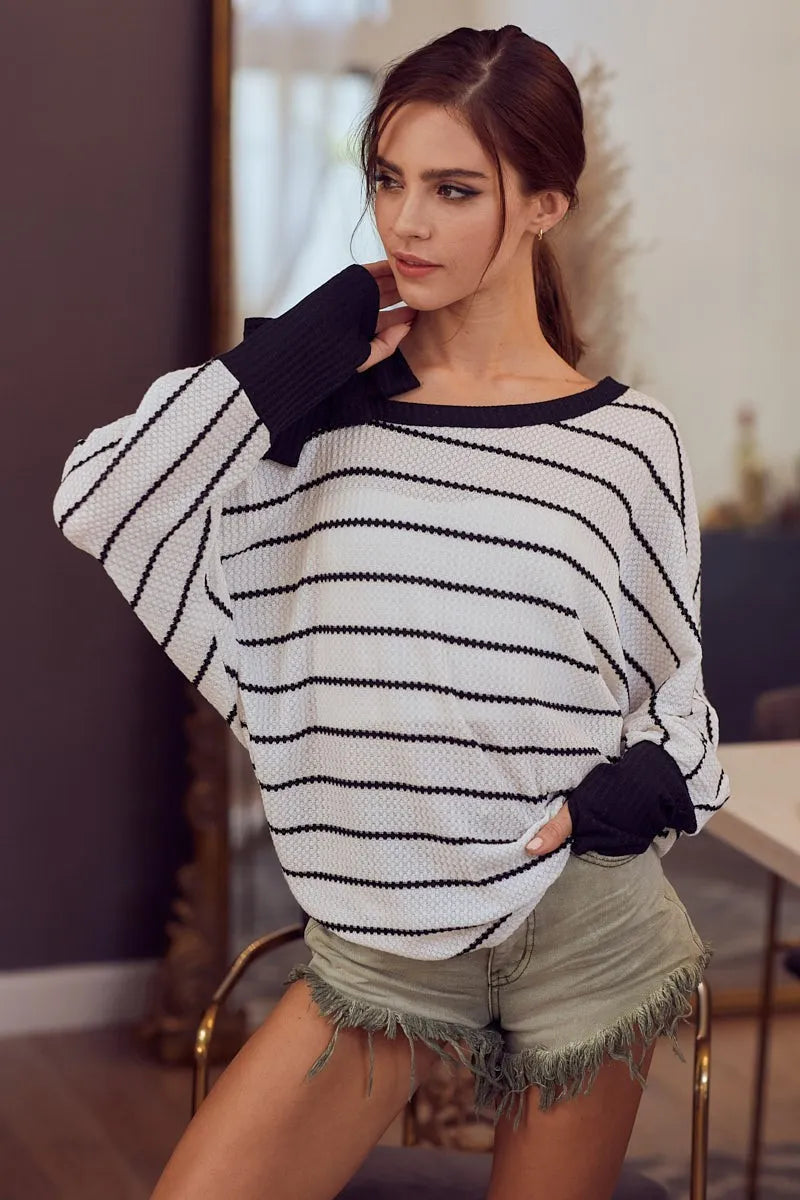 Stripe Yarn Dye Waffle One Shoulder Ribbon Detail Top - Tigbul's Variety Fashion Shop