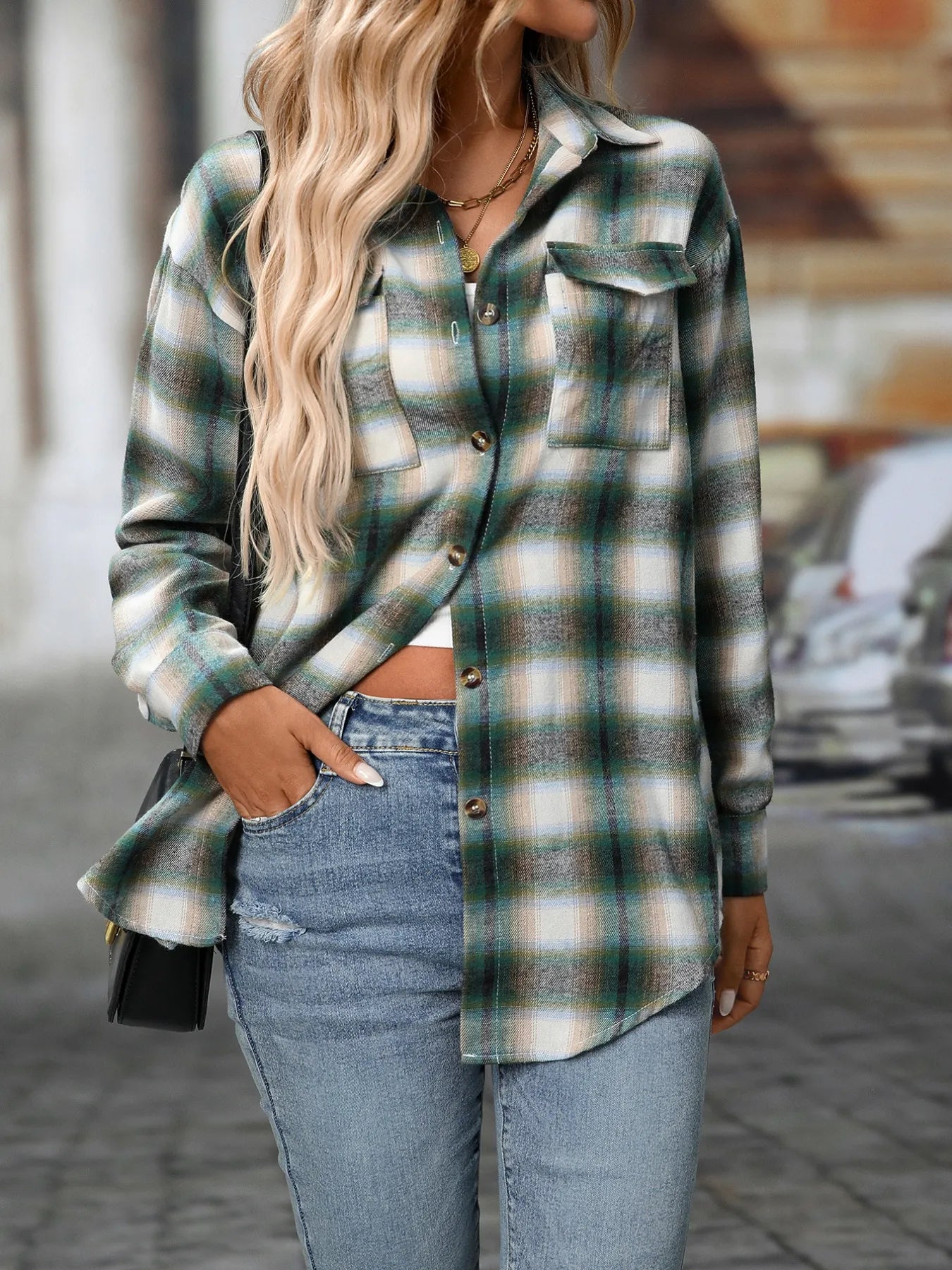 Oversized Plaid Button-Up Shirt - Tigbul's Variety Fashion Shop