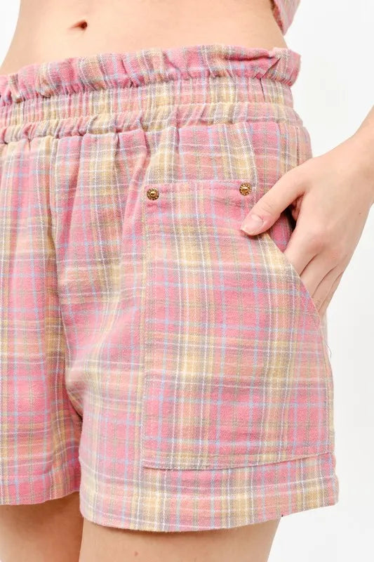 Pink Plaid Print Smocked Detail Casual Shorts - Tigbul's Variety Fashion Shop