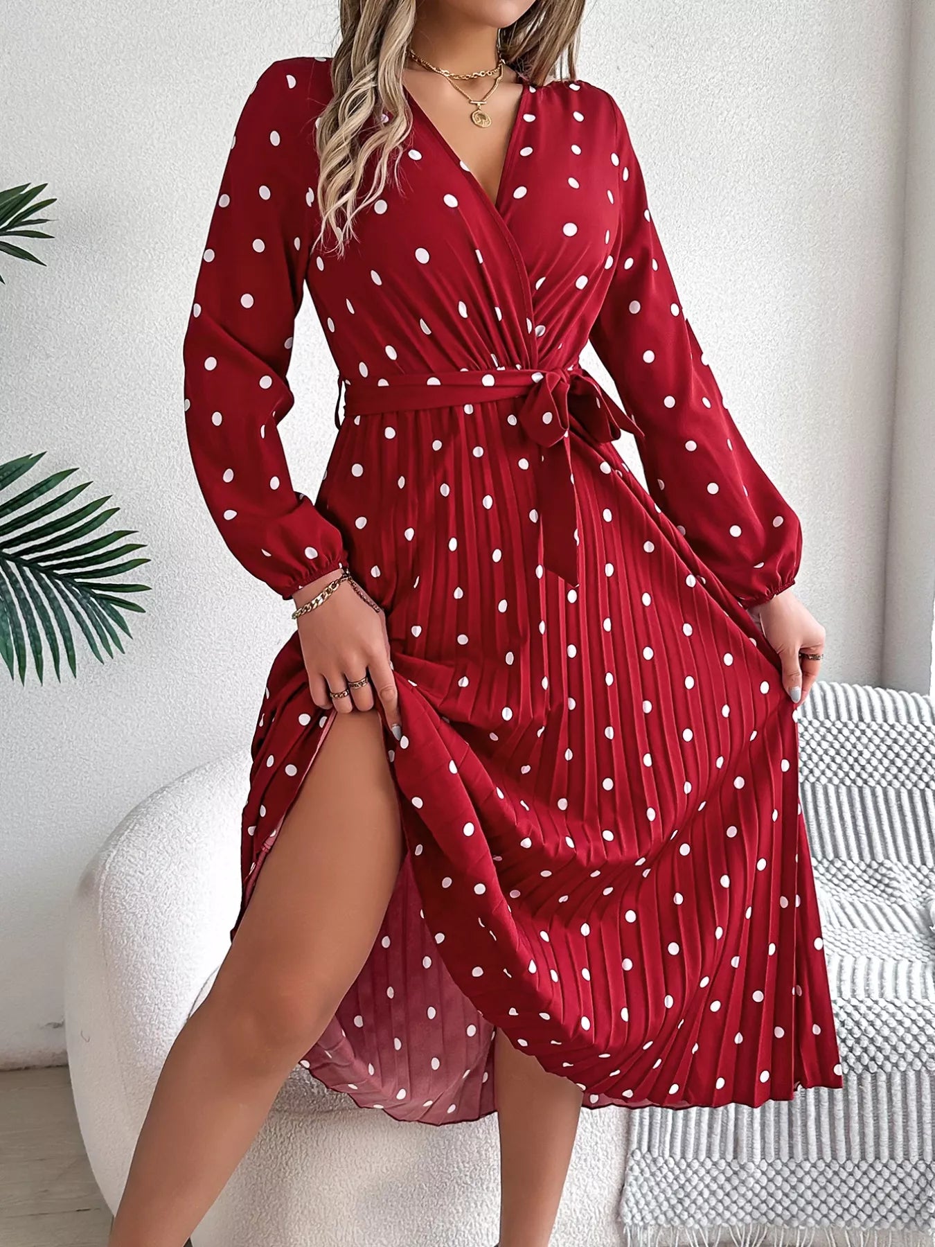 Front Tie Polka Dot Midi Pleated Dress - Tigbul's Variety Fashion Shop