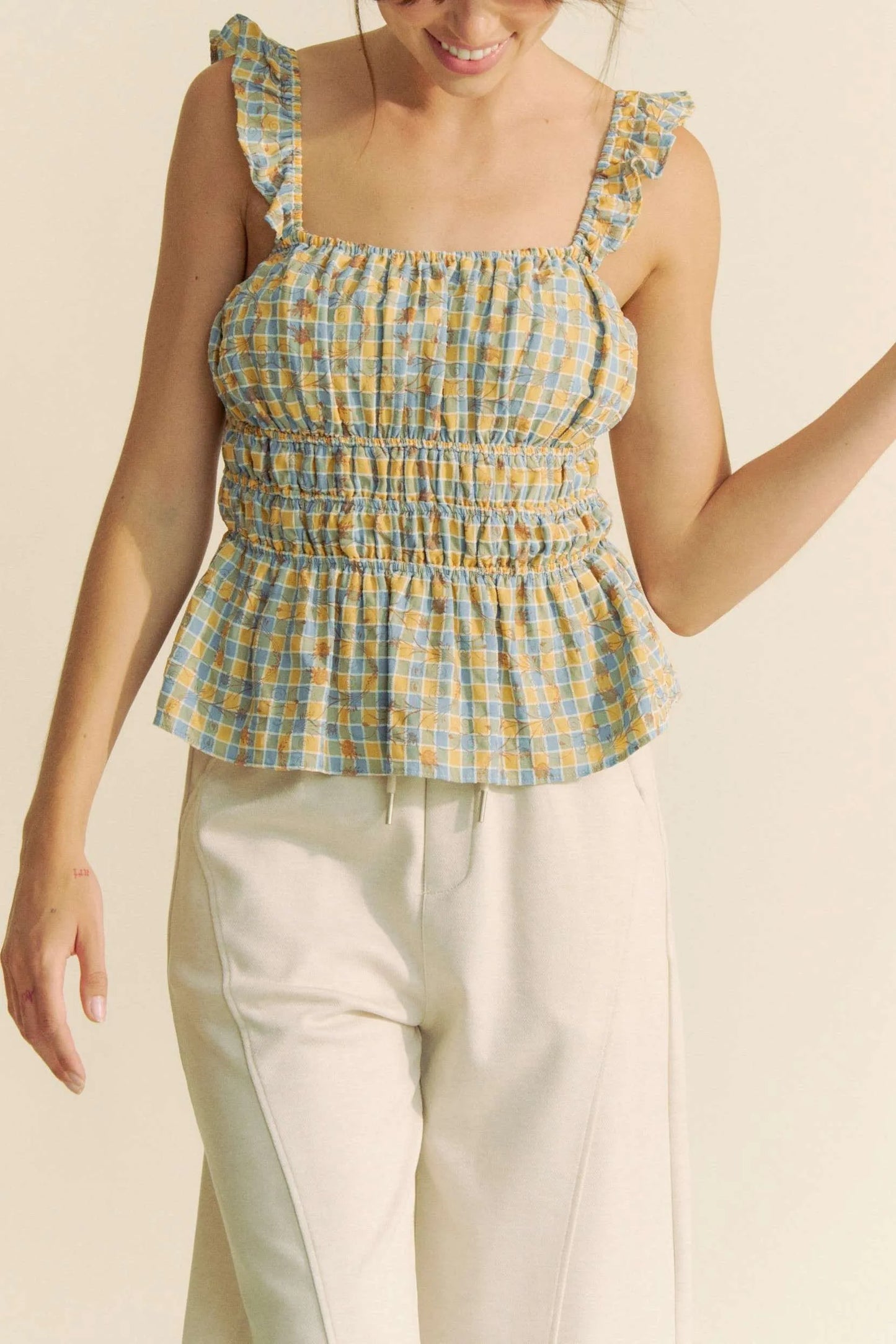 Plaid Ruffled Strap Smocked Blue Sleeveless Top - Tigbul's Variety Fashion Shop