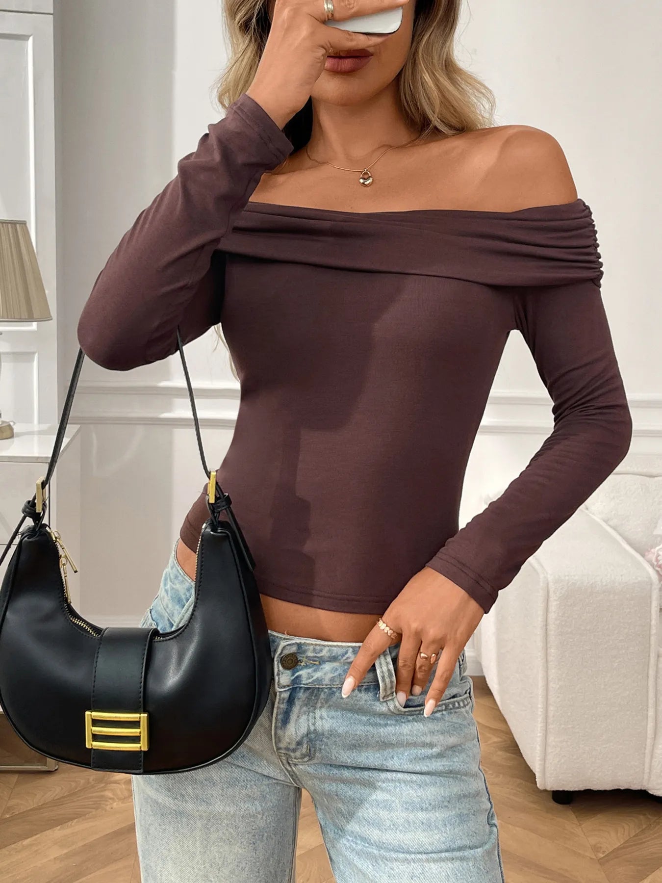 Off-Shoulder Long Sleeve Fitted T-Shirt - Tigbul's Variety Fashion Shop