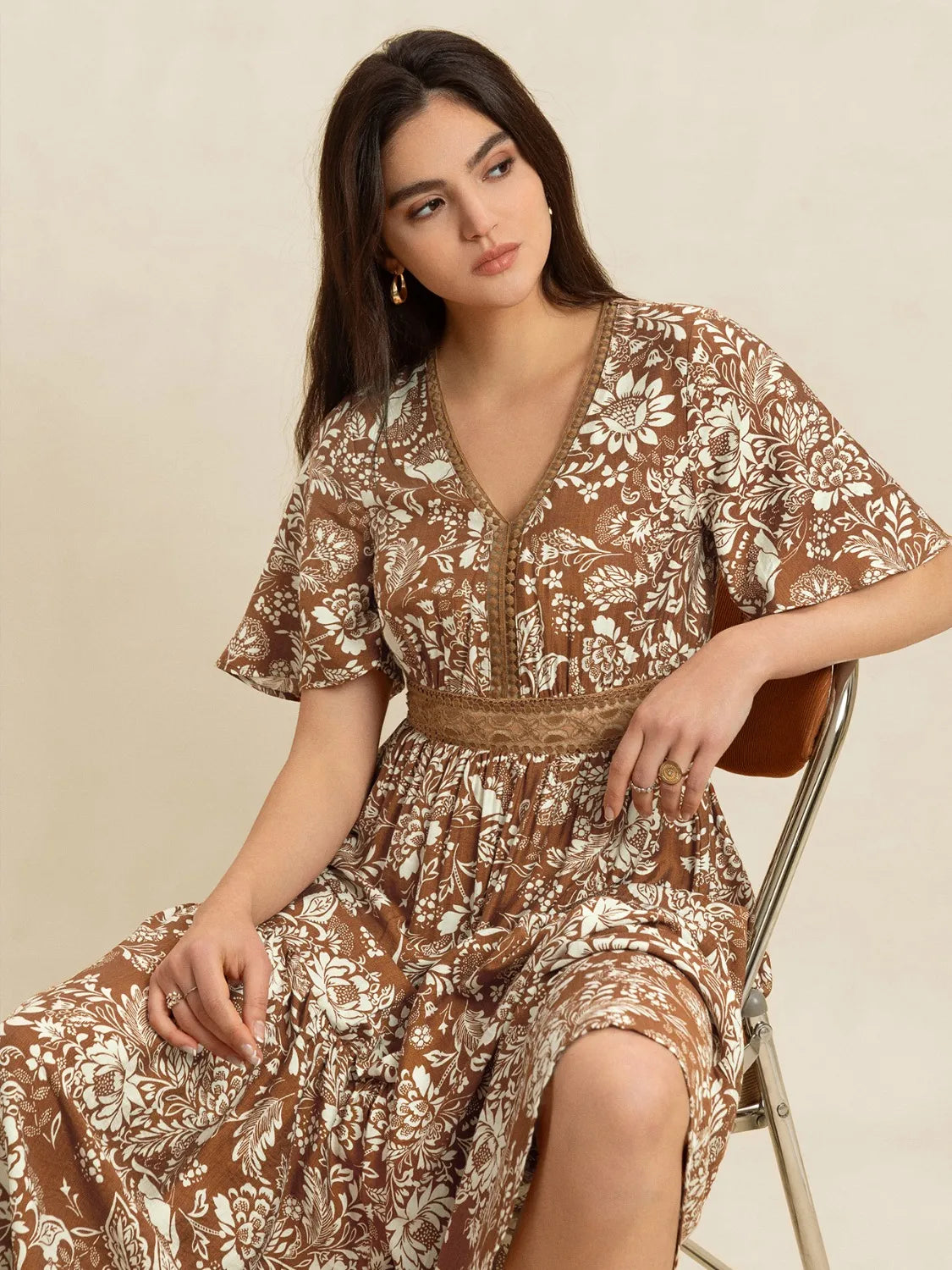 Brown Lace Detail Printed Short Sleeve Midi Dress - Tigbul's Variety Fashion Shop