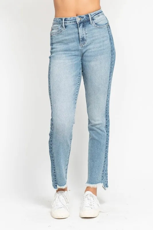 Judy Blue Full Size Vintage Wash Side Panel Detail with Fray Hem Slim Plus Size - Tigbul's Variety Fashion Shop