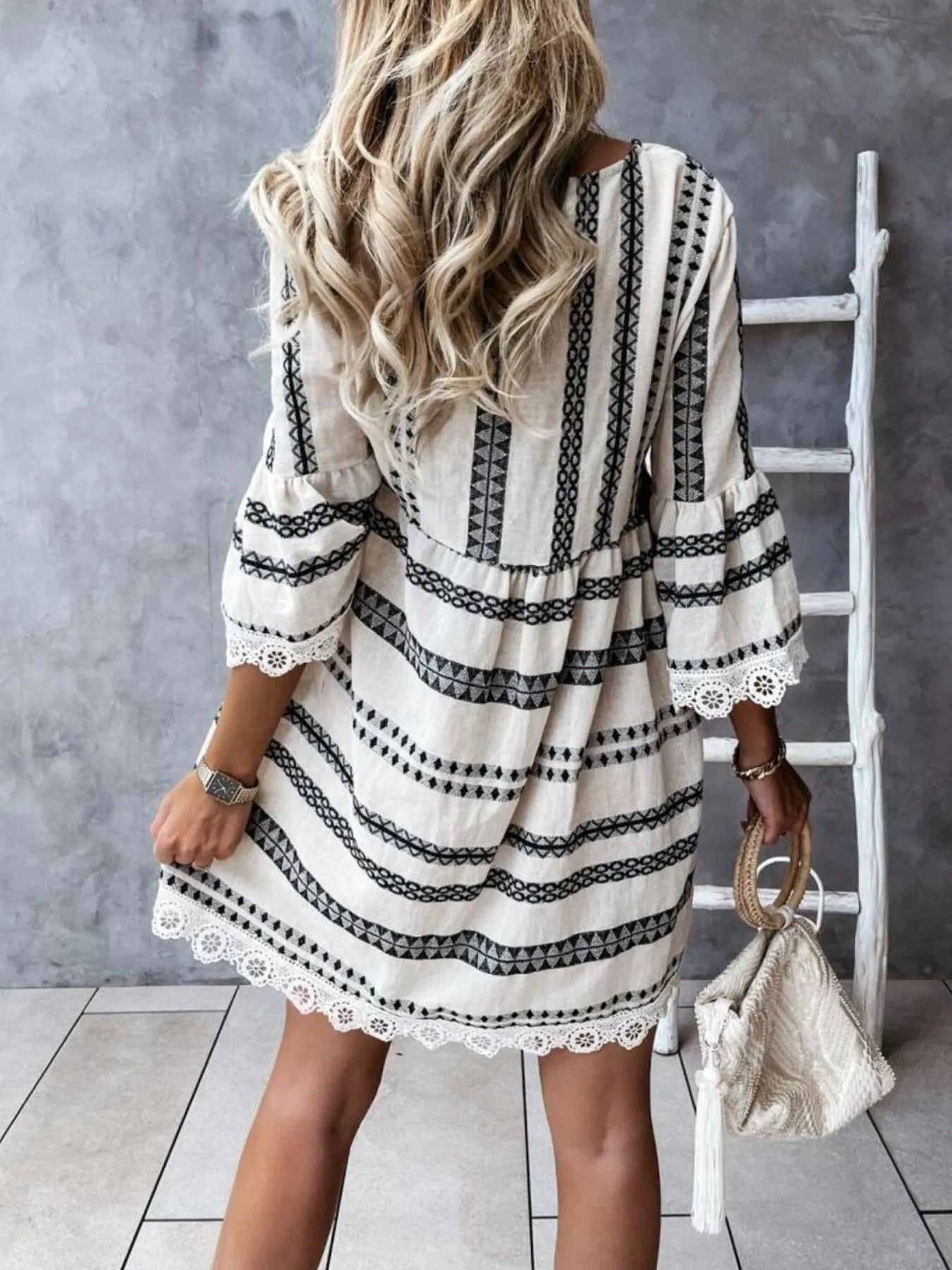 V-Neck Lace Trim Striped Babydoll Dress - Tigbul's Variety Fashion Shop