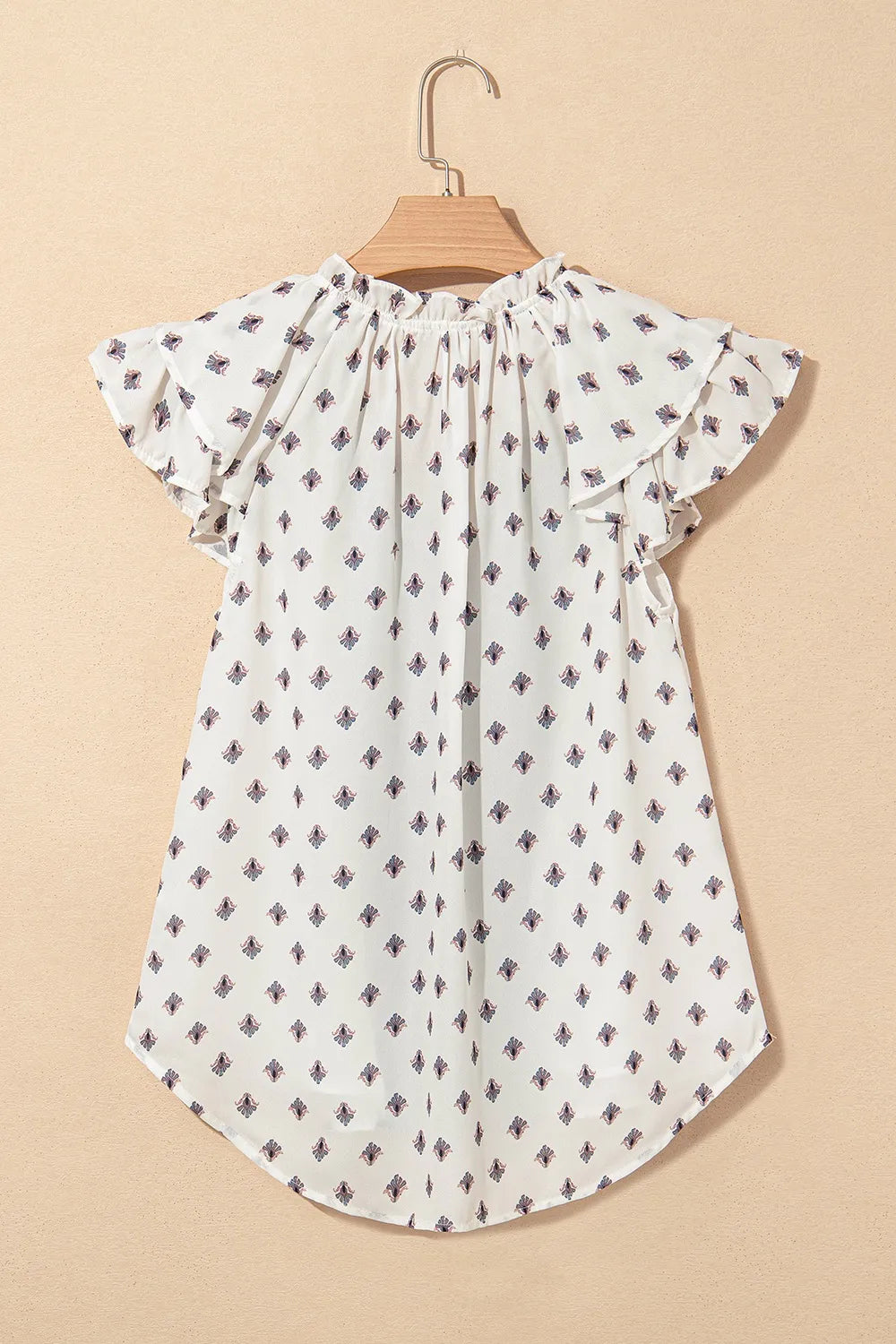 Pattern Tiered Ruffled Sleeve V Neck Buttoned White Blouse - Tigbul's Variety Fashion Shop