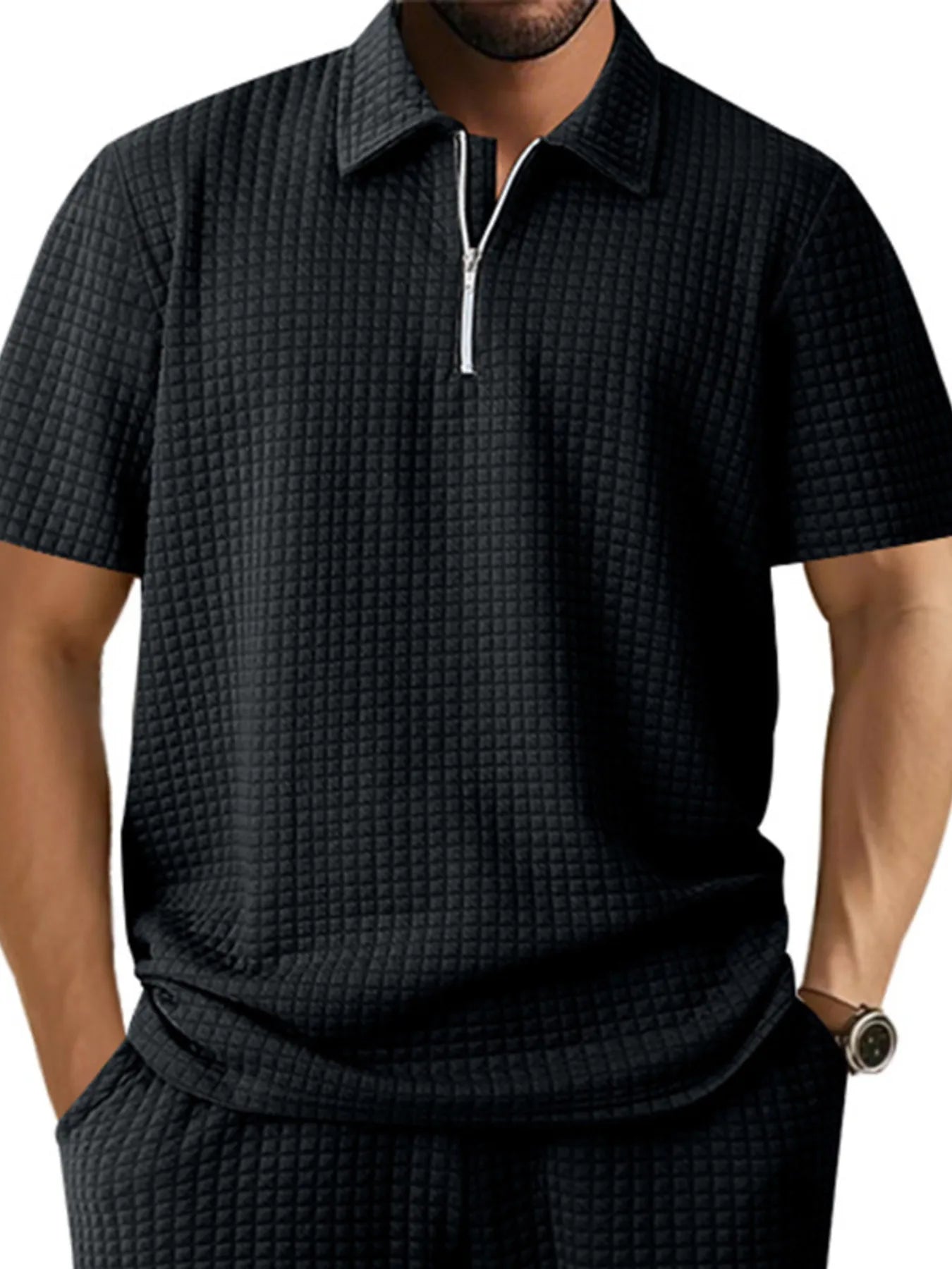 Men's Full Size Waffle Short Sleeve Polo with Zipper Detail Plus Size - Tigbul's Variety Fashion Shop