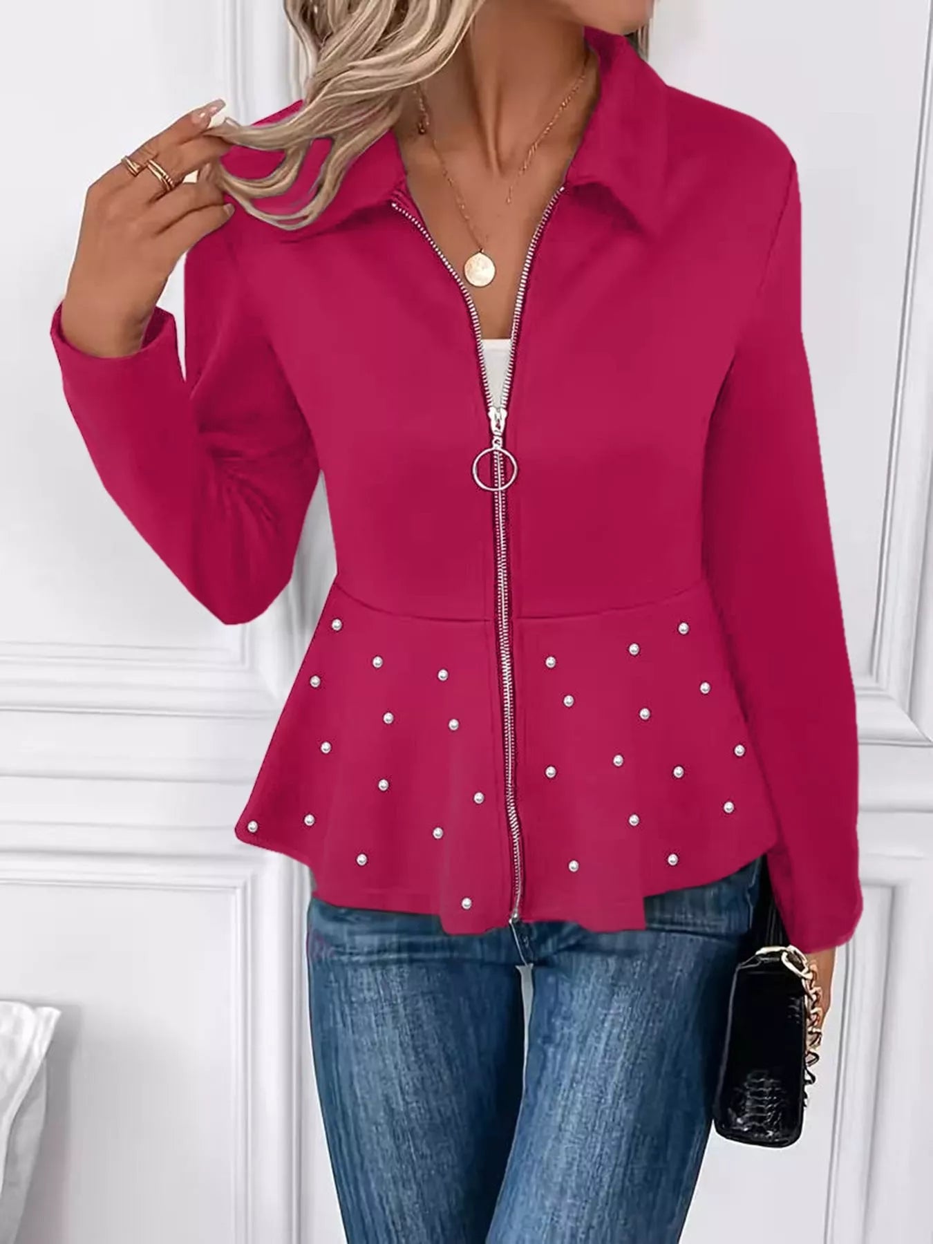 Pearl Embellished Zip-Up Peplum Outerwear - Tigbul's Variety Fashion Shop