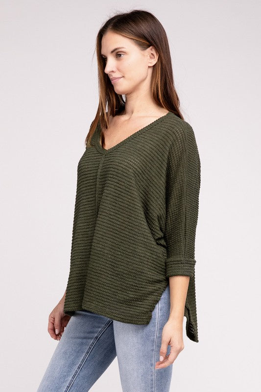 3/4 Sleeve V-Neck Hi-Low Hem Jacquard Sweater - Tigbul's Variety Fashion Shop