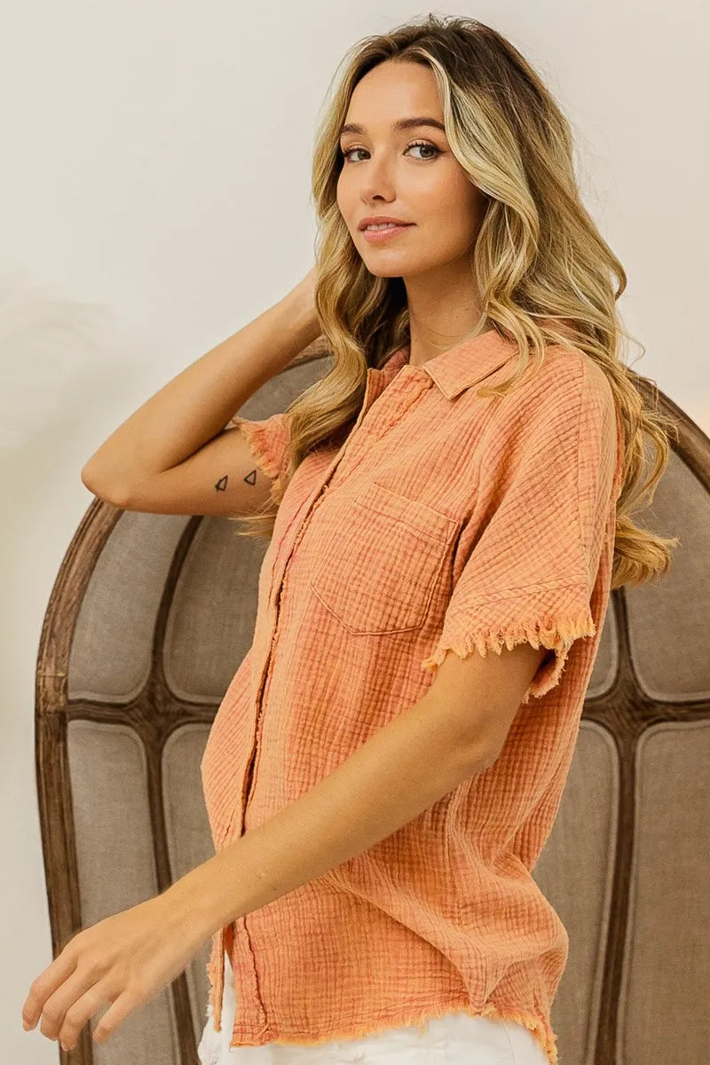BiBi Mineral Washed Buttoned Up Shirt Top - Tigbul's Variety Fashion Shop