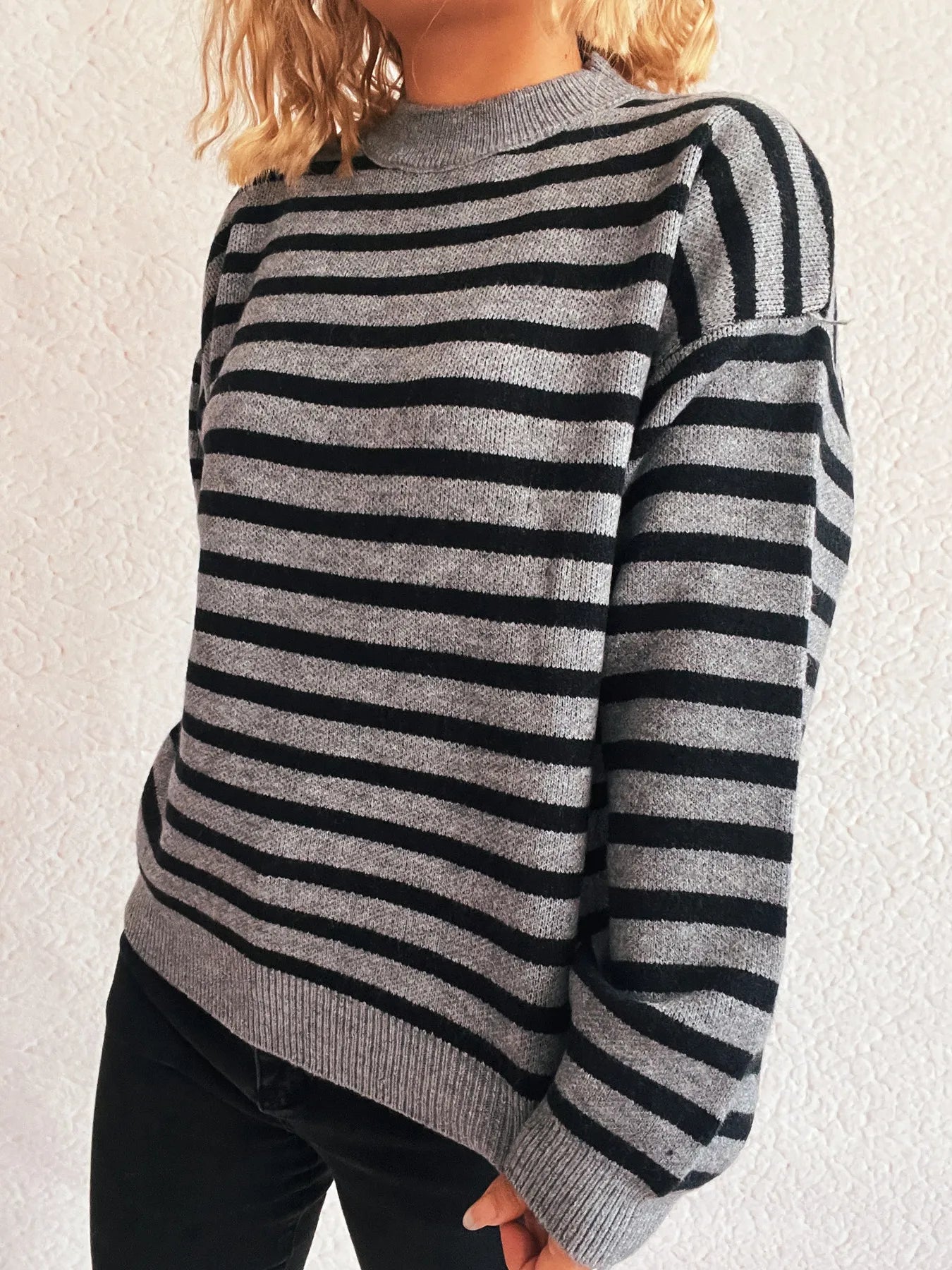 Striped Mock Neck Long Sleeve Sweater - Tigbul's Variety Fashion Shop
