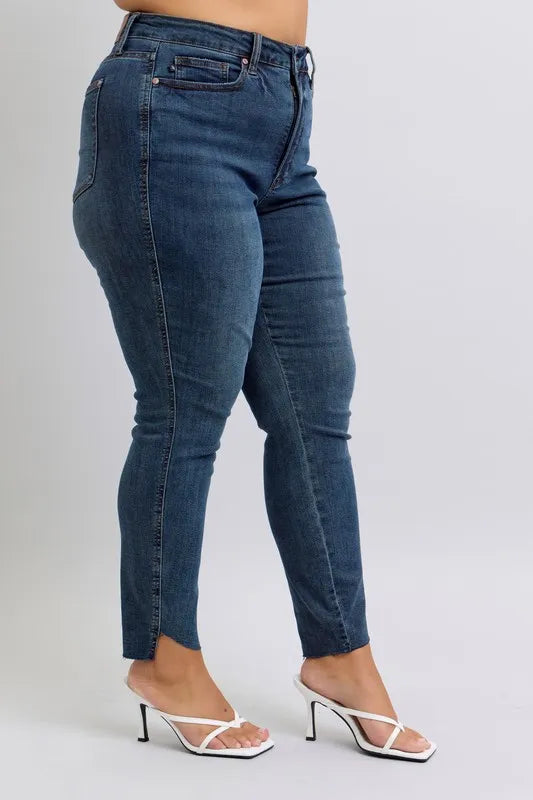 Judy Blue Full Size High Waist Tummy Control Step Hem Skinny Jeans Plus Size - Tigbul's Variety Fashion Shop