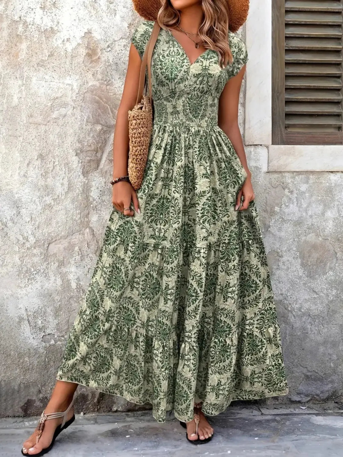 Vintage Floral Cap Sleeve Maxi Dress - Tigbul's Variety Fashion Shop