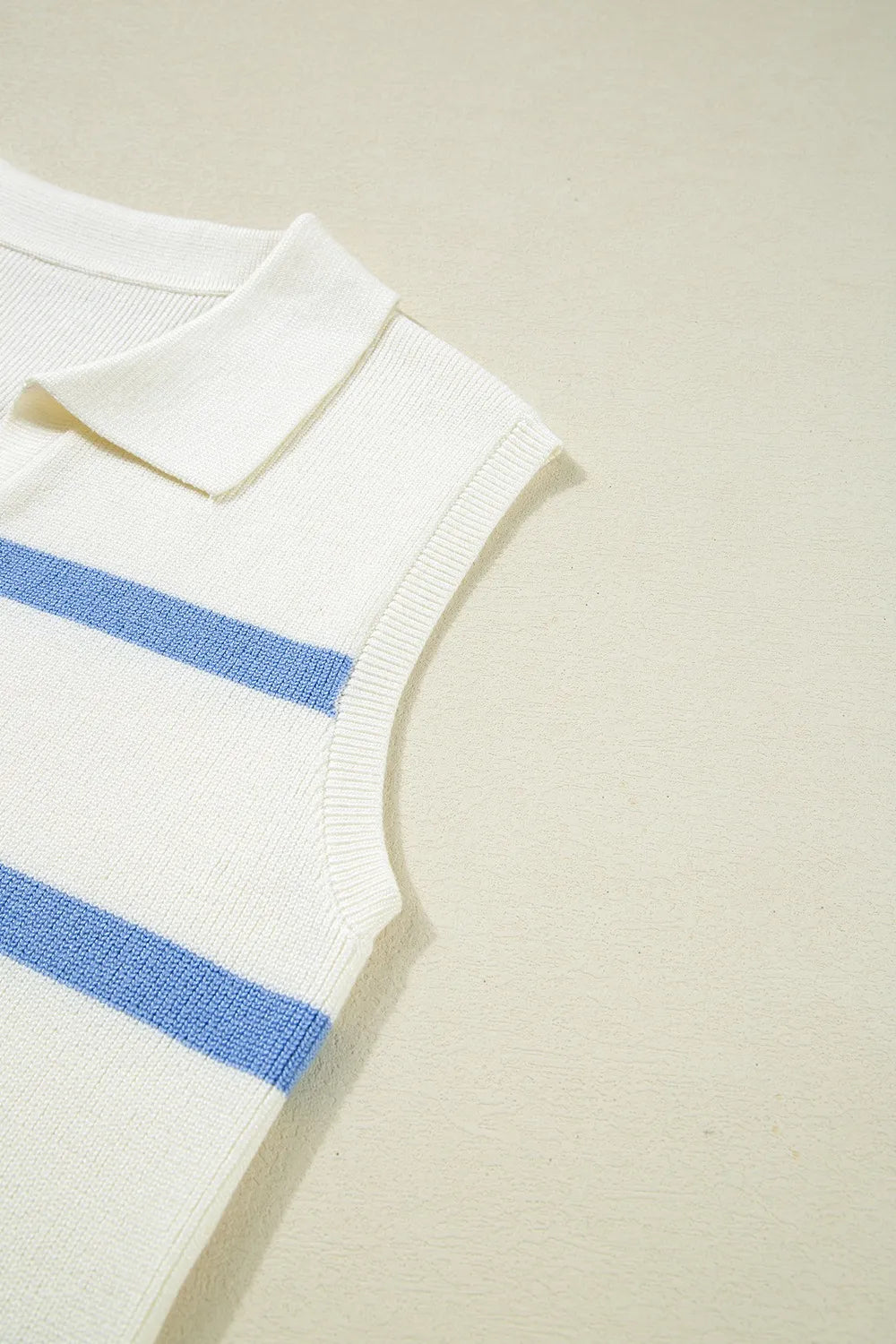 Stripe Split V Neck Collared Ribbed White Sweater Vest - Tigbul's Variety Fashion Shop