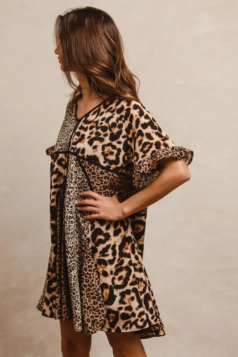 BiBi Leopard Prints Mix and Match Short Sleeves Dress - Tigbul's Variety Fashion Shop