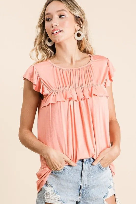 Jersey Knit Gathered Top with Ruffles - Tigbul's Variety Fashion Shop