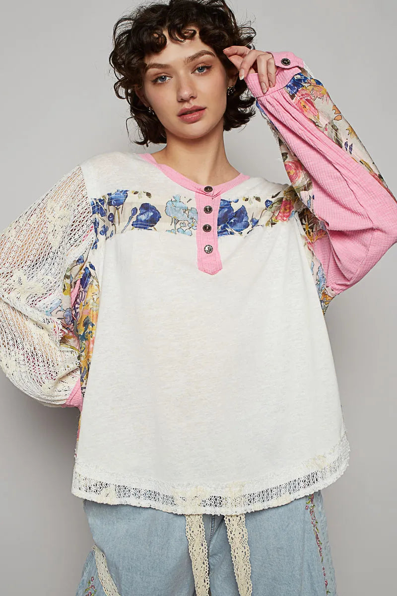 POL Button Detail Floral Patchwork Crochet Sleeve Blouse - Tigbul's Variety Fashion Shop