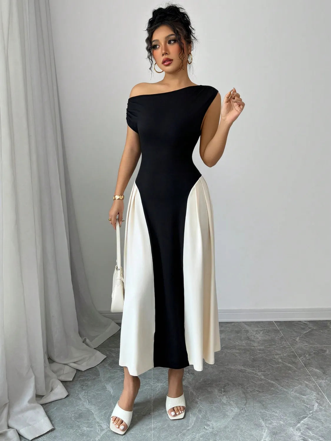 Contrast Single Shoulder Midi Dress - Tigbul's Variety Fashion Shop