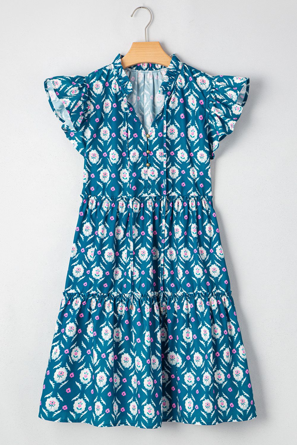 Printed Tie Neck Ruffled Cap Sleeve Dress - Tigbul's Variety Fashion Shop