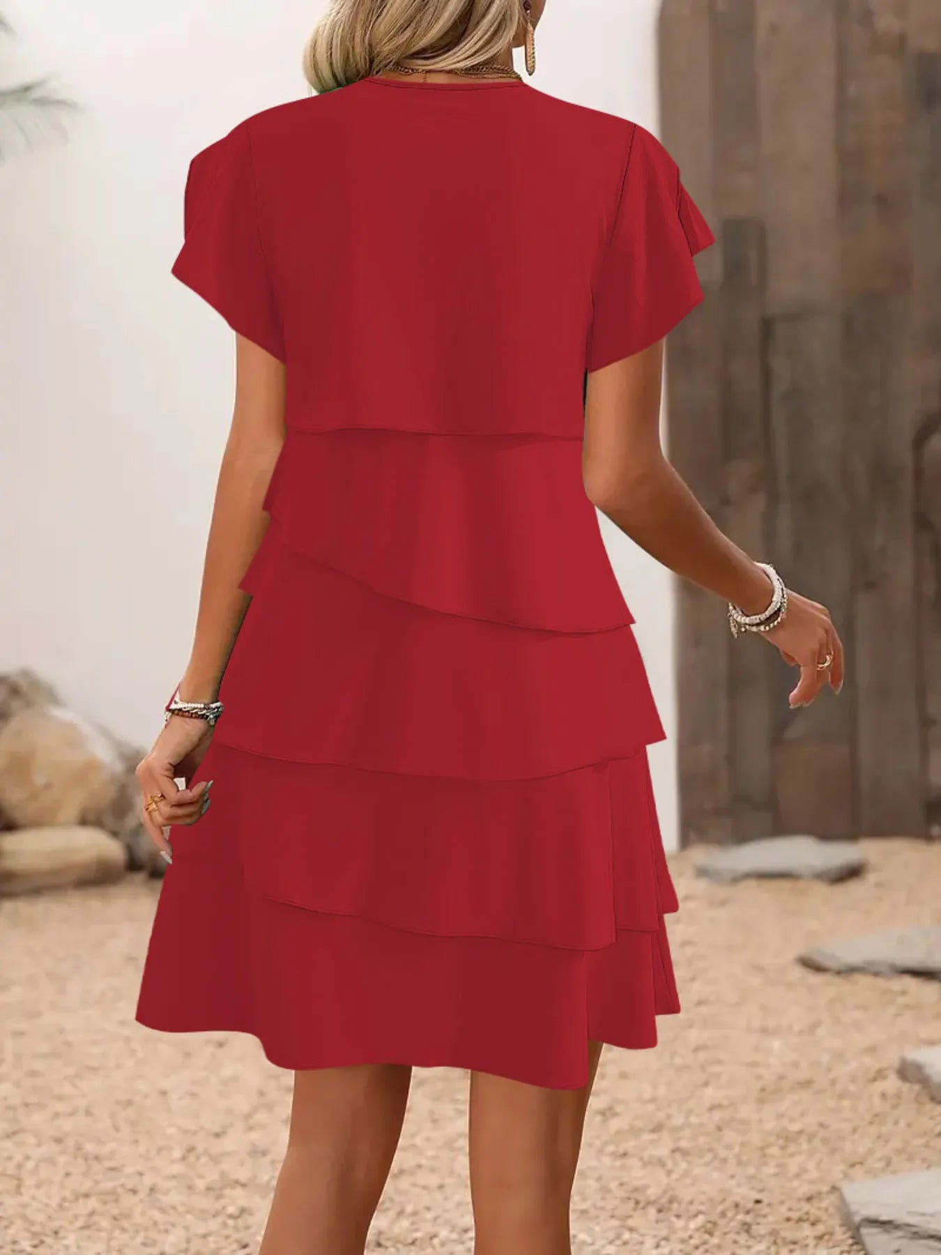 Casual Layered Round Neck Ruffled Sleeve Dress - Tigbul's Variety Fashion Shop