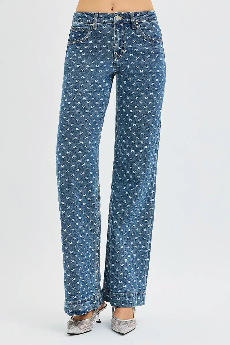 RISEN High Rise Wide Leg Bow Embroidered Jeans - Tigbul's Variety Fashion Shop