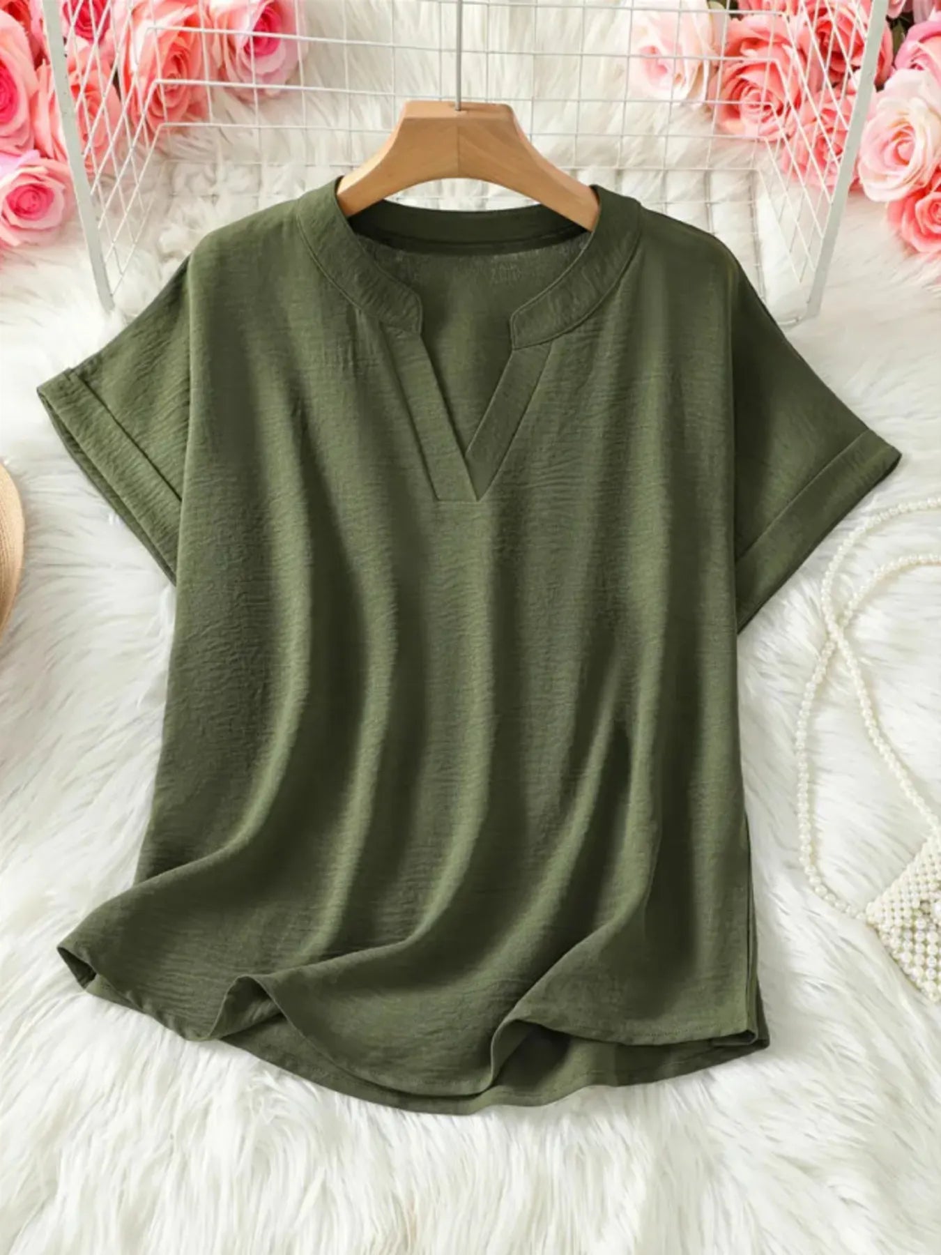 Casual Notched Short Sleeve Blouse - Tigbul's Variety Fashion Shop