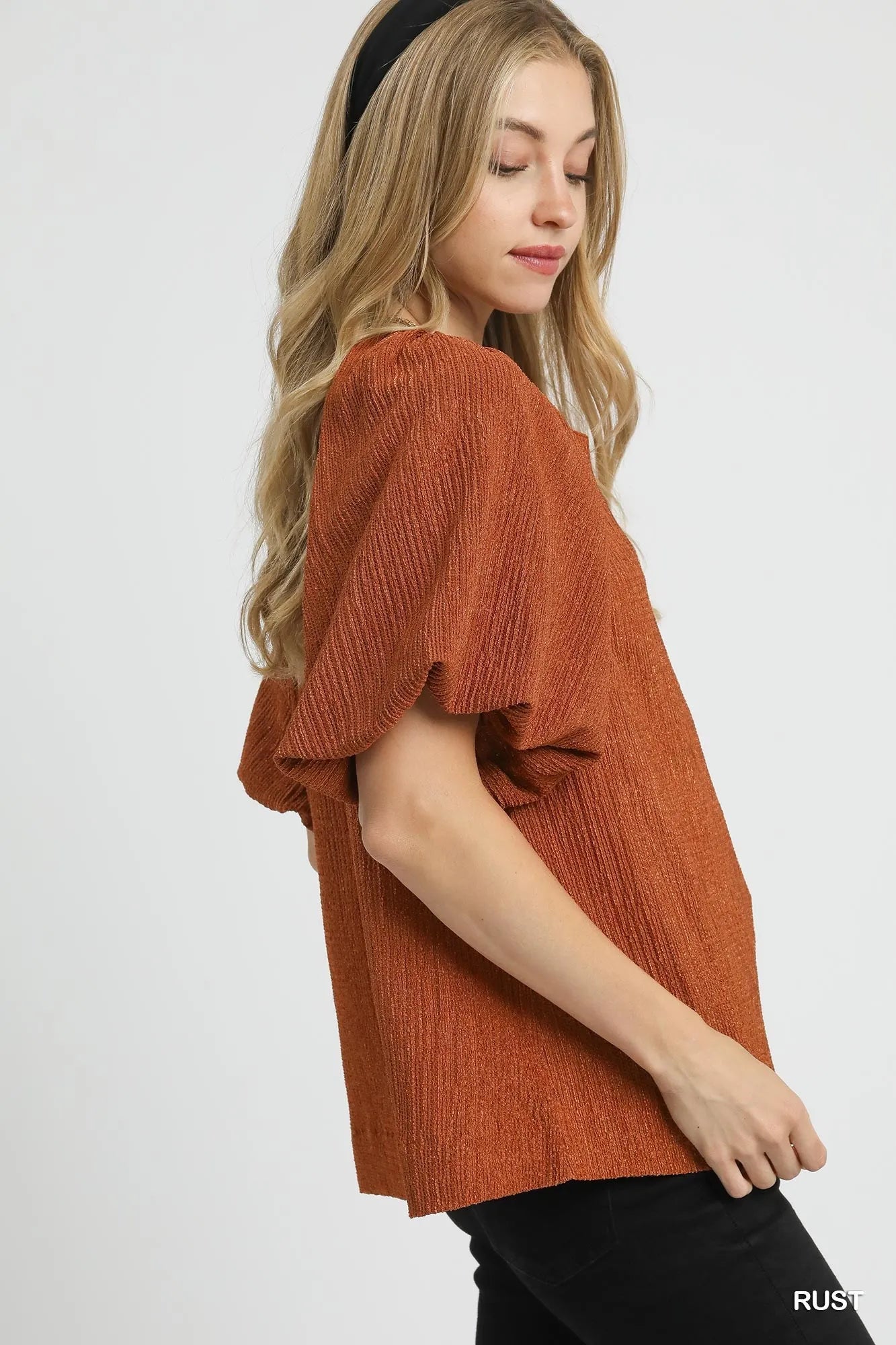 Umgee Textured Flutter Sleeve Notch Neck Top - Tigbul's Variety Fashion Shop