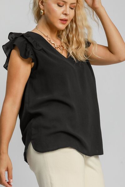 Black V-Neck Double Layered Ruffle Sleeve Blouse - Tigbul's Variety Fashion Shop