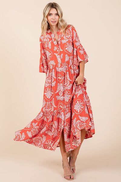 Orange-Red Abstract Leaf Print Tiered Ruffle Dress - Tigbul's Variety Fashion Shop