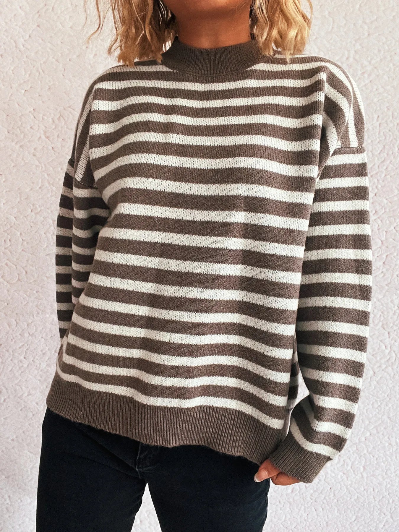 Striped Mock Neck Long Sleeve Sweater - Tigbul's Variety Fashion Shop