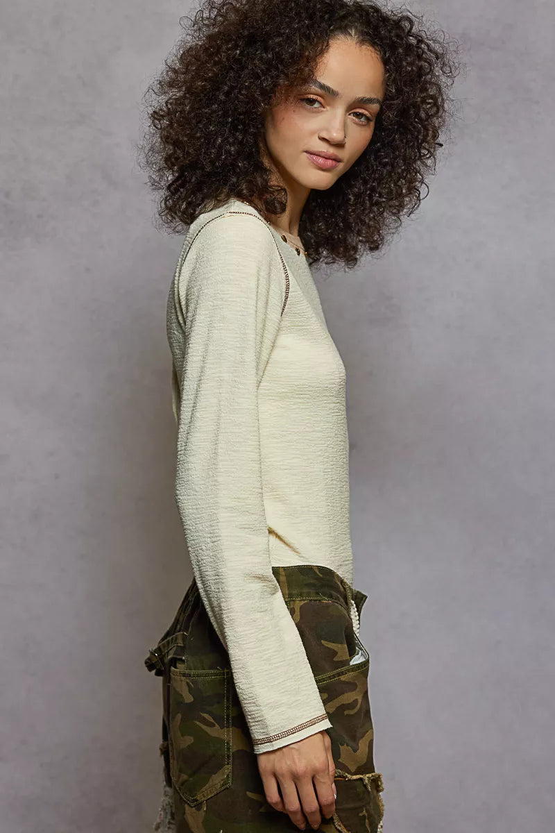 POL Round Neck Long Sleeve Contrast Stitching T-Shirt with Stud Detail - Tigbul's Variety Fashion Shop