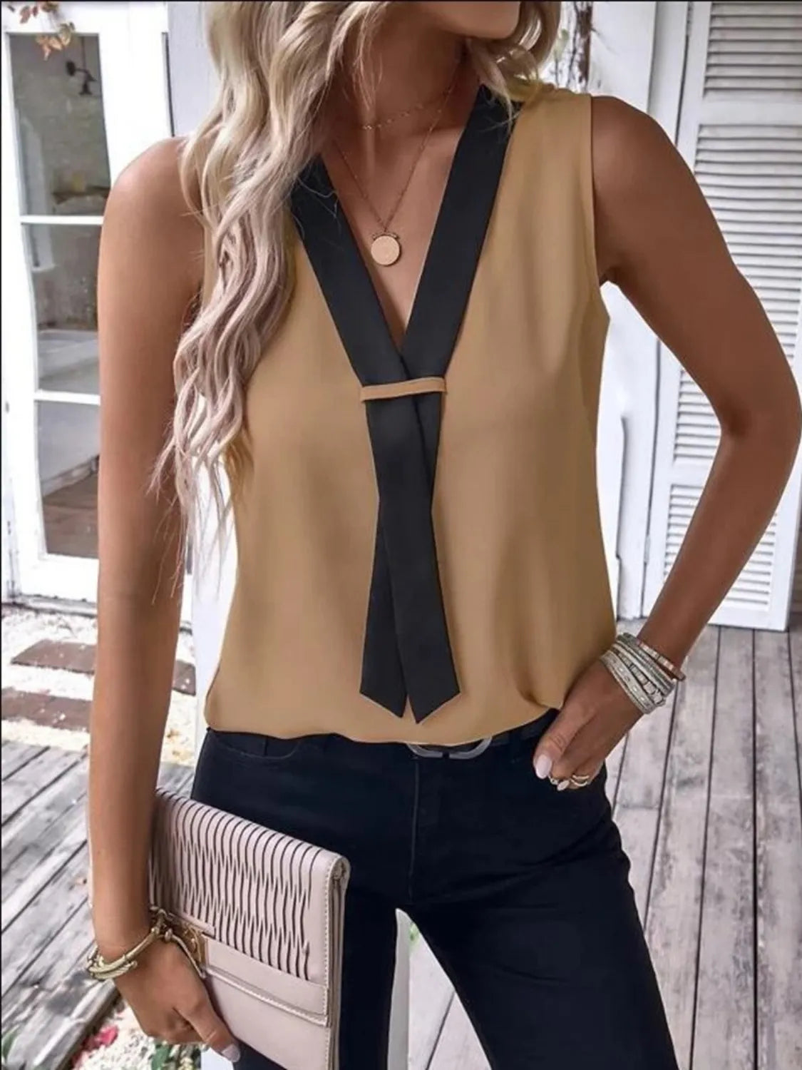 V-Neck Contrast Tank Shirt - Tigbul's Variety Fashion Shop
