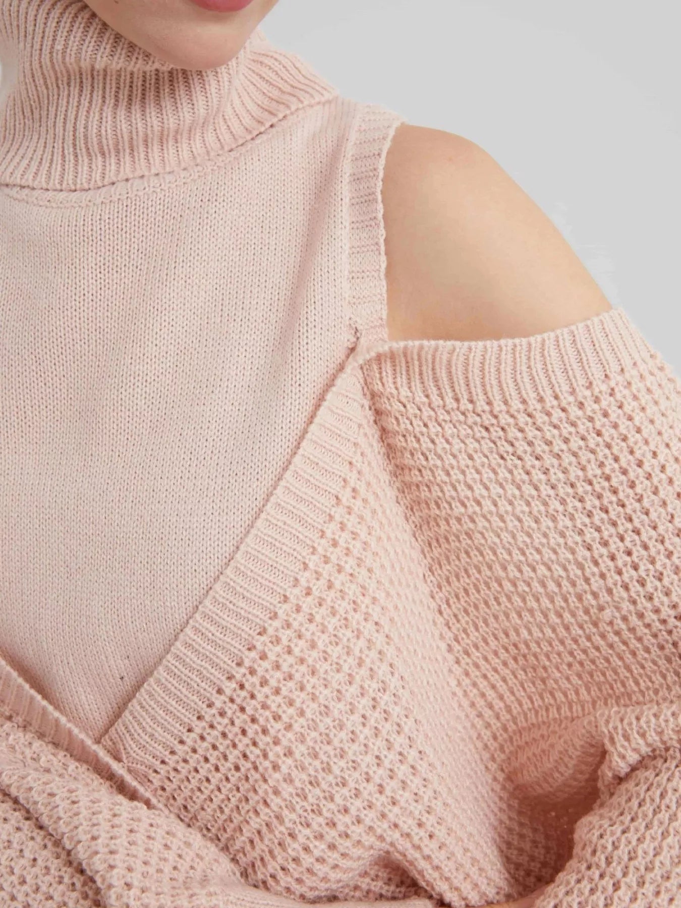 Waffle Knit Cold Shoulder Turtleneck Sweater - Tigbul's Variety Fashion Shop