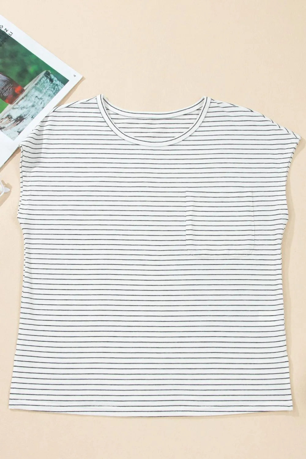 Stripe Cap Sleeve Crew Neck Casual Tee with Chest Pocket - Tigbul's Variety Fashion Shop