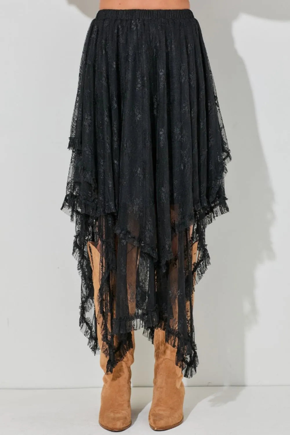 Elastic Waist Asymmetrical Lace Skirt - Tigbul's Variety Fashion Shop