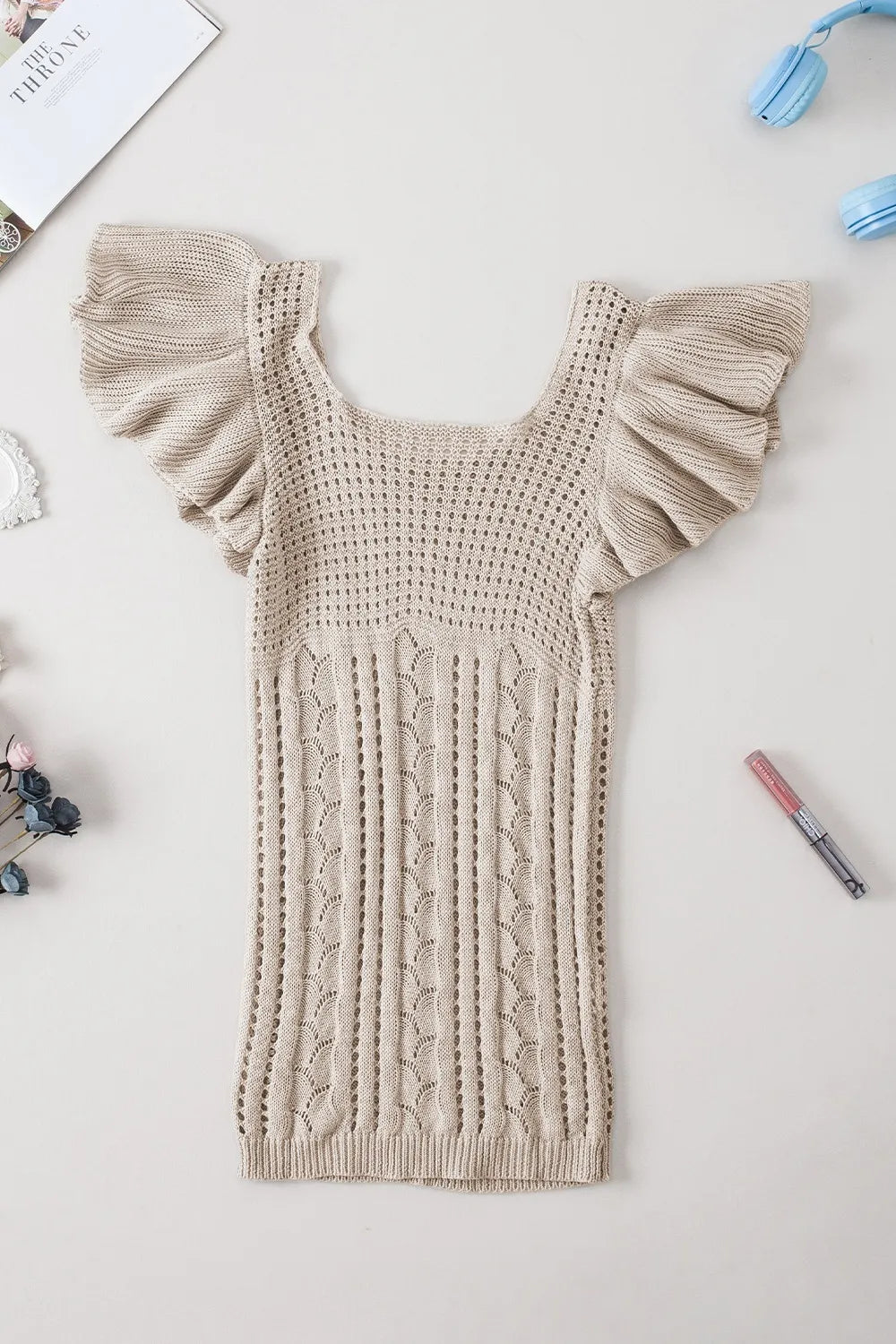 Openwork Ruffled Scoop Neck Knit Khaki Shirt Top - Tigbul's Variety Fashion Shop