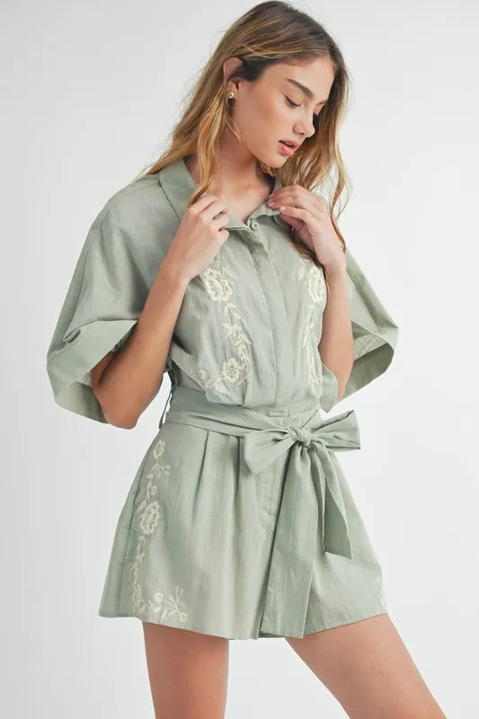 Embroidered Button Down Collared Neck Romper - Tigbul's Variety Fashion Shop
