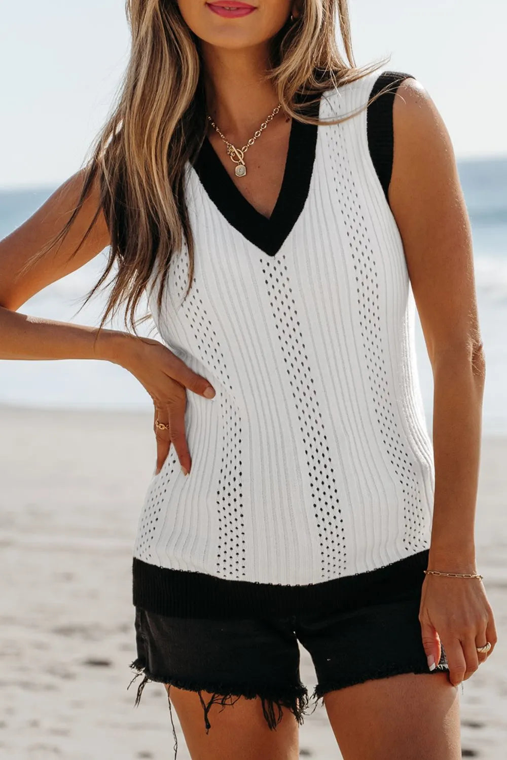 Contrast Trim Eyelet Knit V Neck White Sweater Vest - Tigbul's Variety Fashion Shop