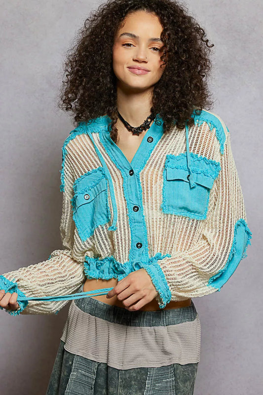 POL Texture Woven Button Down Hooded Shirt with Drawstring Hem - Tigbul's Variety Fashion Shop