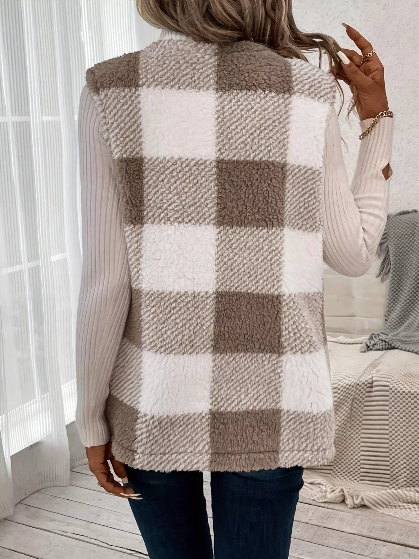 Plaid Sherpa Vest Coat with Pockets - Tigbul's Variety Fashion Shop