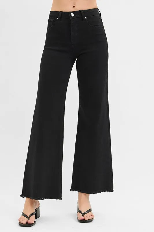 RISEN Full Size Tummy Control Black High Rise Wide Jeans Plus Size - Tigbul's Variety Fashion Shop
