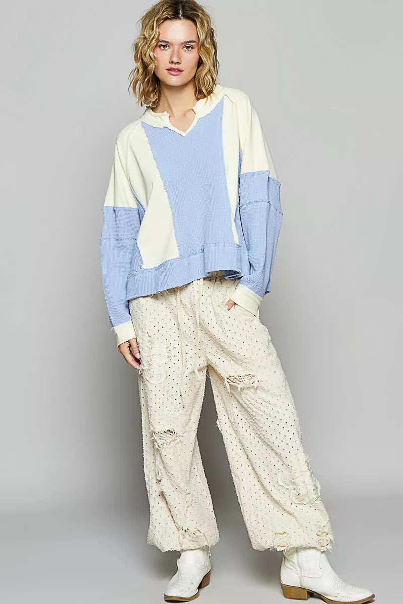 POL Color Block Waffle Knit Raw Hem Sweatshirt - Tigbul's Variety Fashion Shop