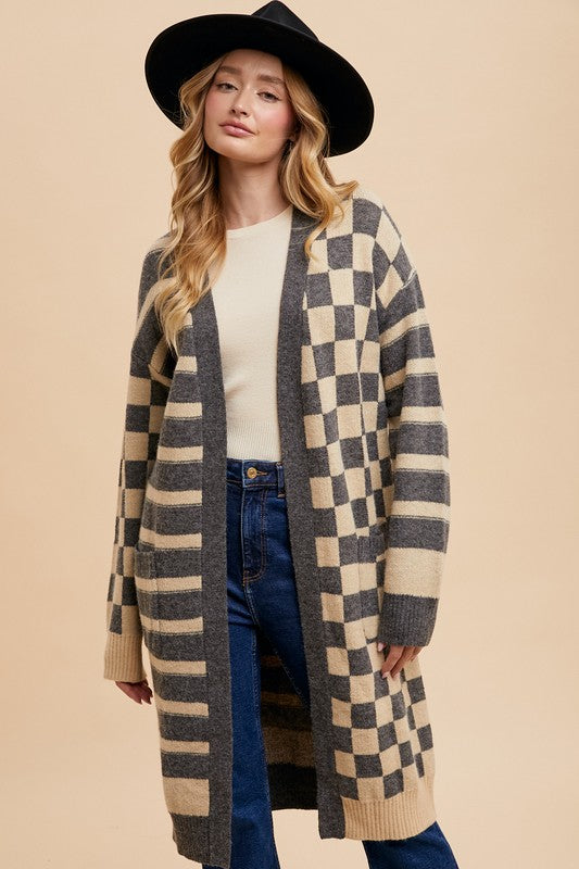 Dark Gray Checkered & Striped Open Front Long Sleeve Cardigan - Tigbul's Variety Fashion Shop