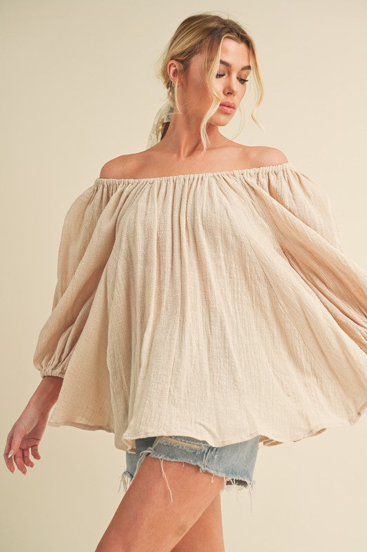 Beige Off-Shoulder Balloon Sleeve Blouse - Tigbul's Variety Fashion Shop