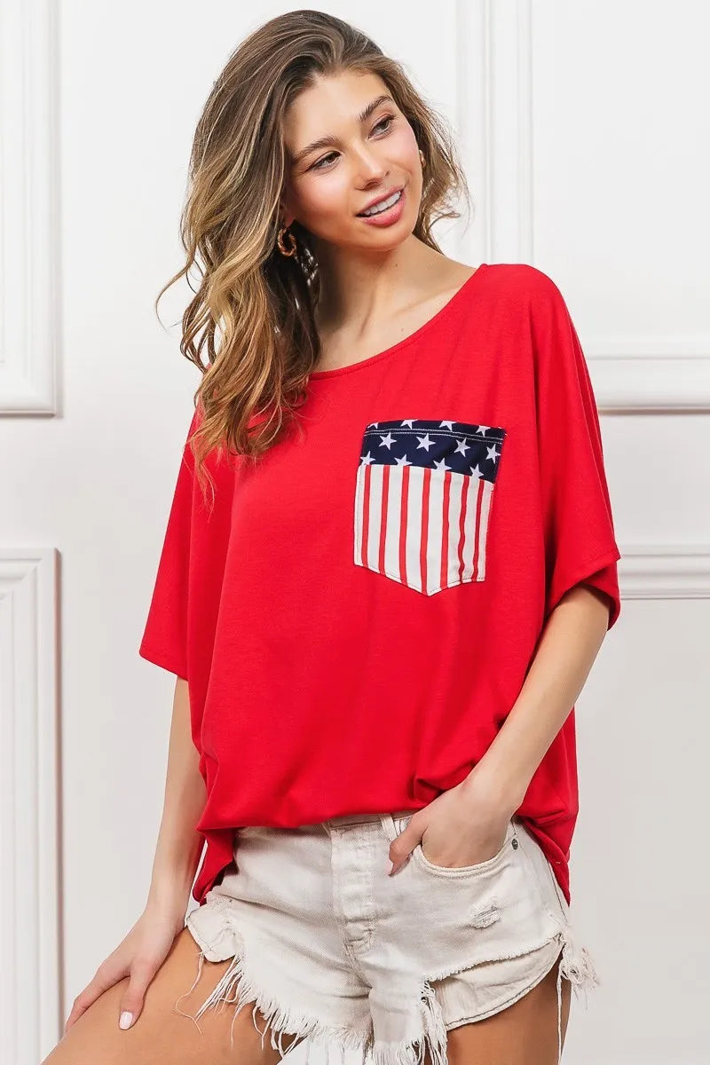 Red French Terry With Front Pocket Dolman Sleeves Top - Tigbul's Variety Fashion Shop