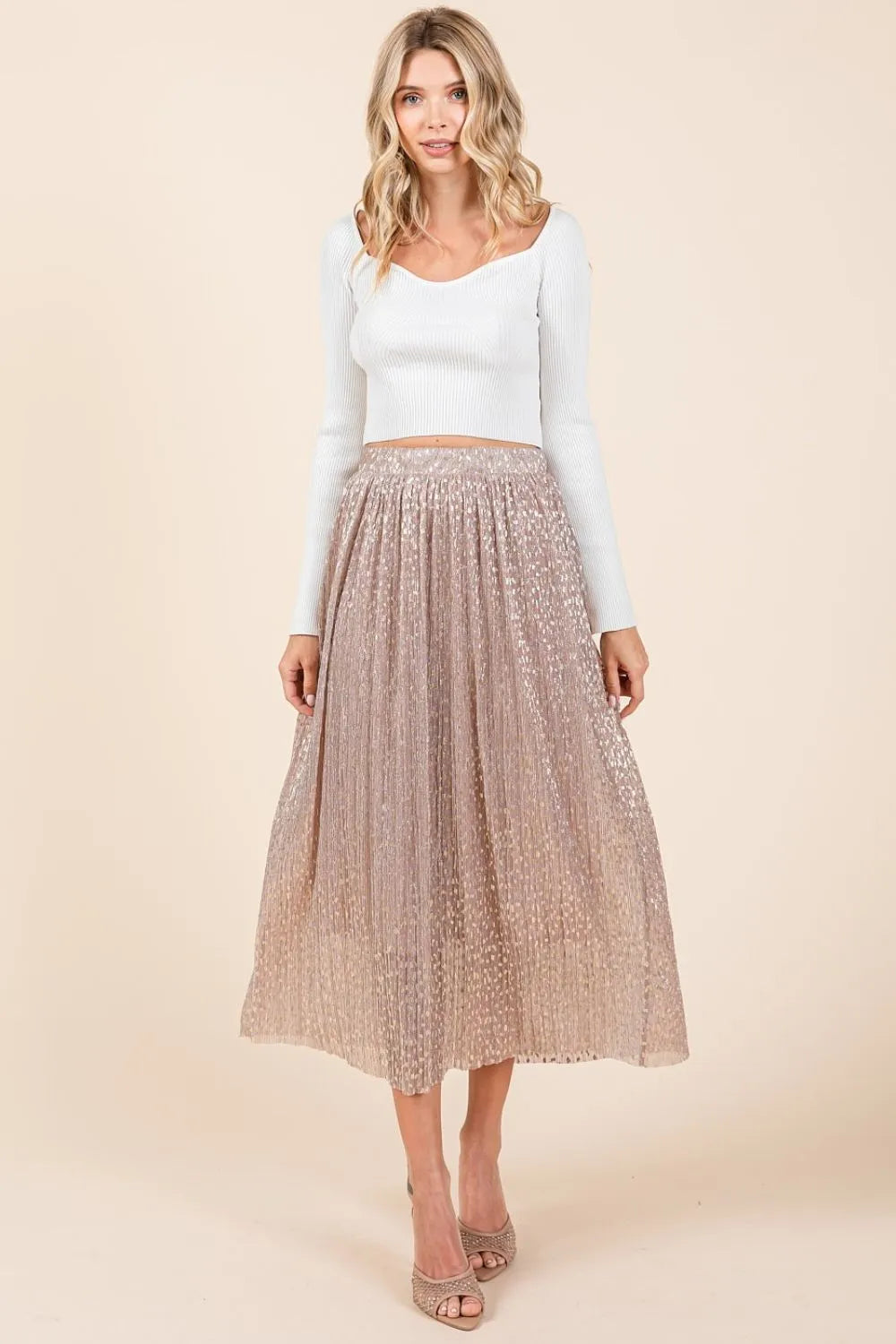 Pink Metallic Glitter Speckle Print Elastic Midi Skirt - Tigbul's Variety Fashion Shop