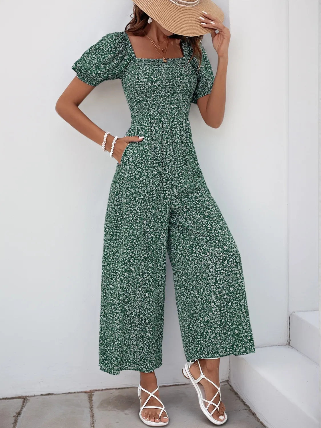 Printed Square Neck Puff Sleeve Jumpsuit - Tigbul's Variety Fashion Shop