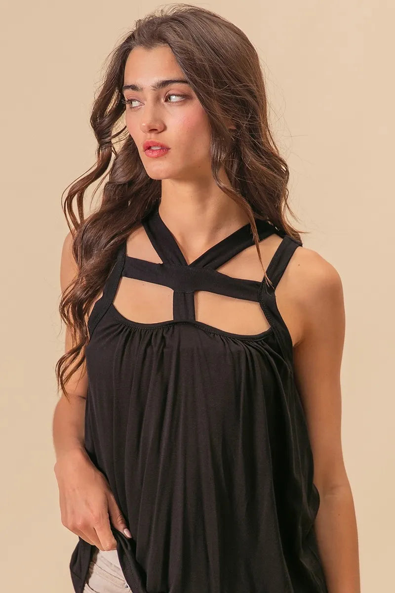 Black Rayon Span Jersey Cut Out with Straps Detailed - Tigbul's Variety Fashion Shop