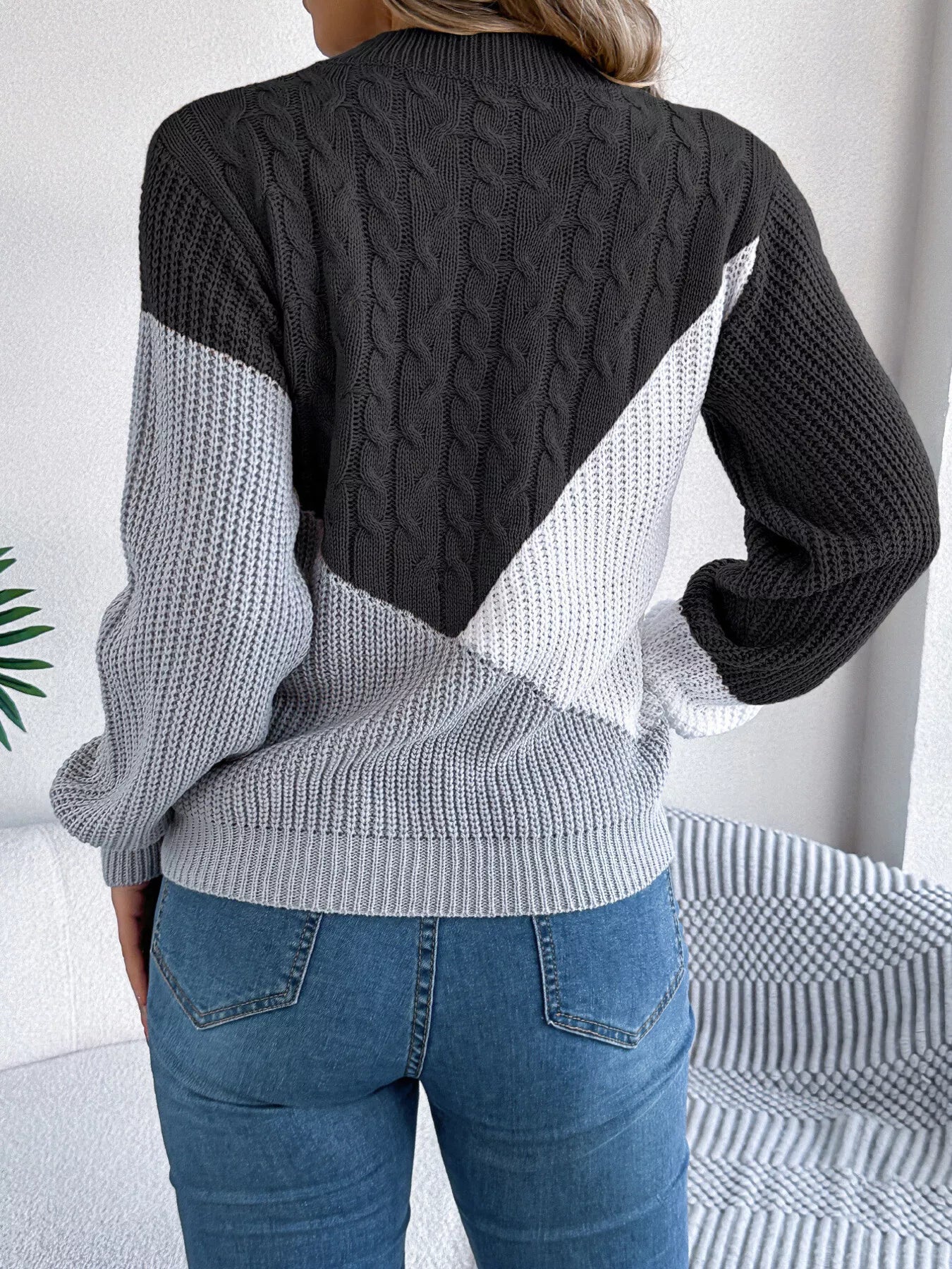 Color Block Cable Knit Long Sleeve Sweater - Tigbul's Variety Fashion Shop